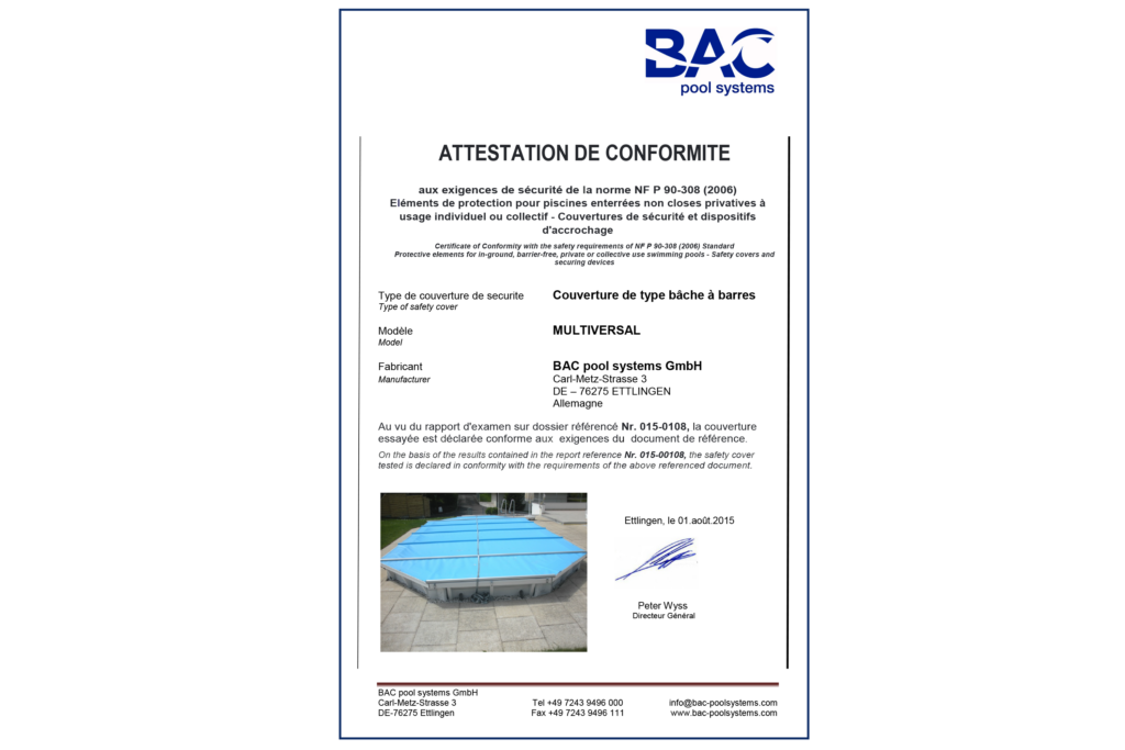 BAC pool systems Certificat couverture de protection à barres Rollschutz Multiversal