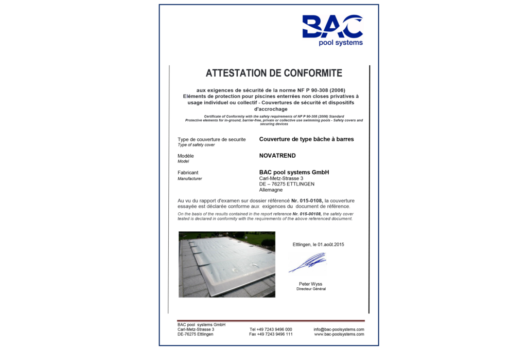 BAC pool systems Certificat couverture de protection à barres Rollschutz Novatrend