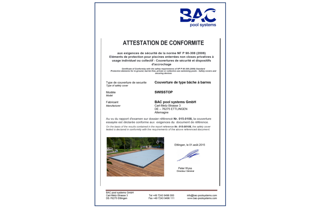 BAC pool systems Certificat couverture de protection à barres Rollschutz SwissTop