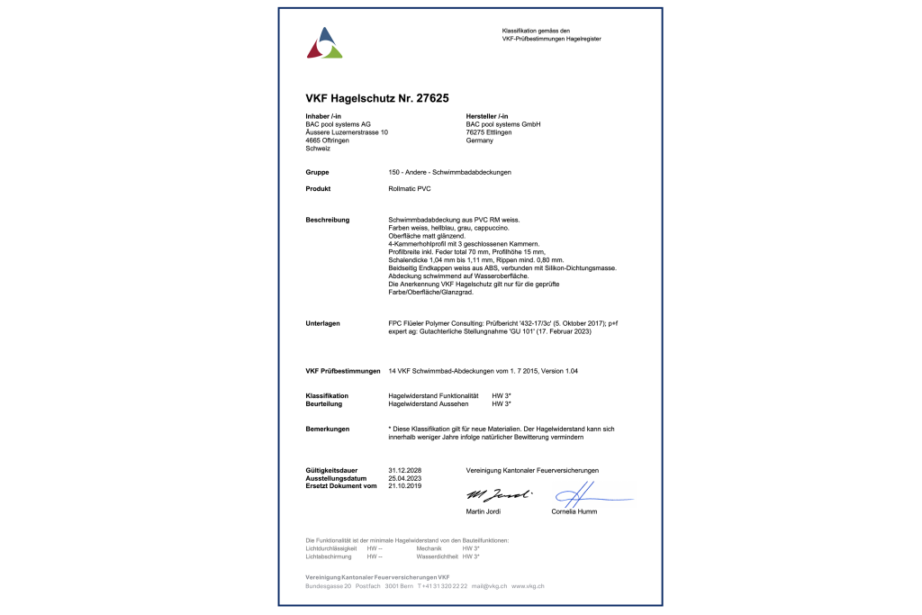 BAC Certificat Protection anti-grêle volet roulant PVC blanc FR