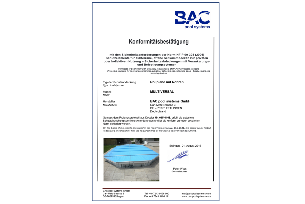 BAC pool systems Konformitätsbestätigung Rollschutz Multiversal