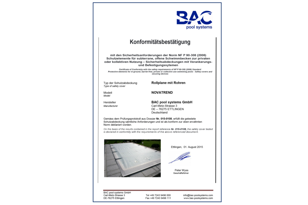 BAC pool systems Konformitätsbestätigung Rollschutz Novatrend