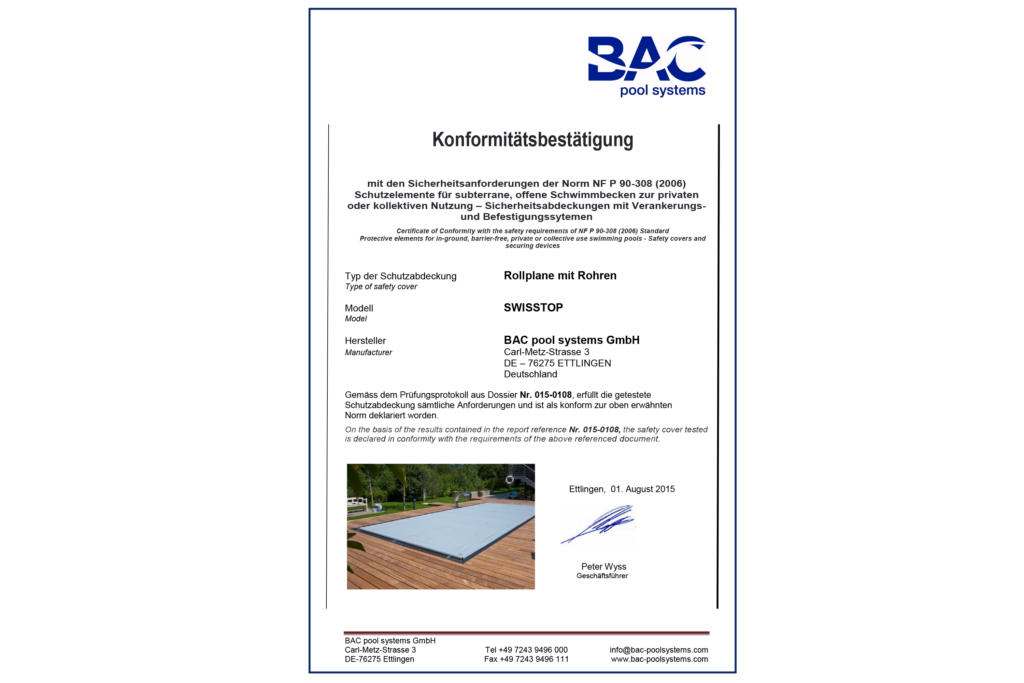 BAC pool systems Konformitätsbestätigung Rollschutz SwissTop