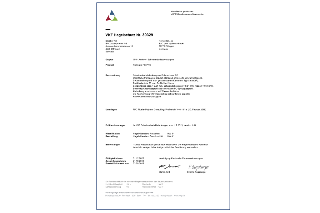 BAC pool systems Zertifikat Hagelschutz Rollladen PC-PRO solar gebläut DE