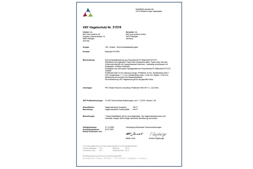 BAC pool systems Zertifikat Hagelschutz Rollladen PC-PRO solar silber DE
