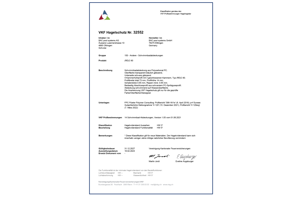 Sistemi per piscine BAC Certificato Protezione antigrandine Tapparella PC solare azzurrata