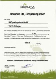BAC pool systems DEKURA Urkunde CO2-Einsparung 2022
